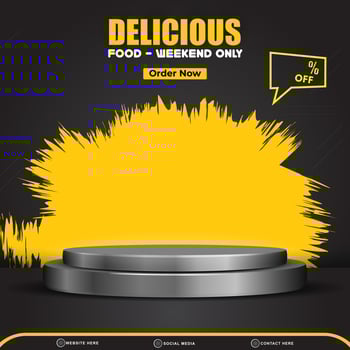delicious food menu sale discount square social media post template banner with copy space 3d podium with abstract gradient black and yellow background design vector
