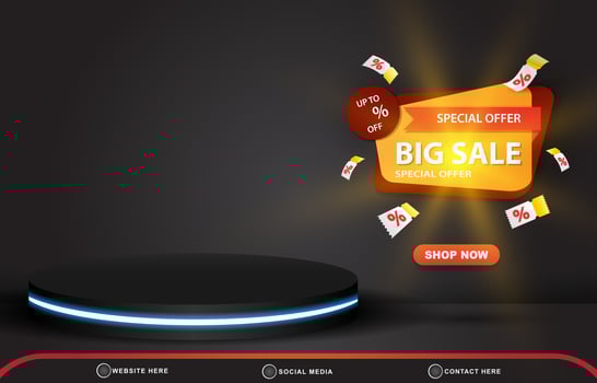 special offer big sale discount template banner with blank space 3d podium for product sale with abstract gradient black background design vector