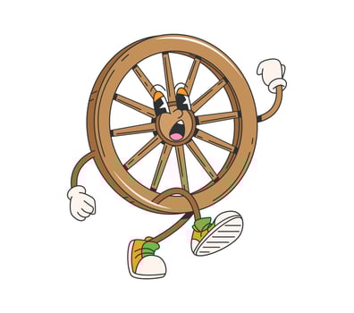 Cartoon groovy wild west wooden wheel character vector