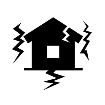 Intense earthquake and cracked house silhouette icon. vector