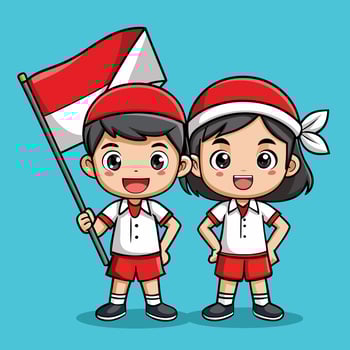 Adorable Kids Proudly Displaying Indonesia's National Flag in Cartoon Illustration vector
