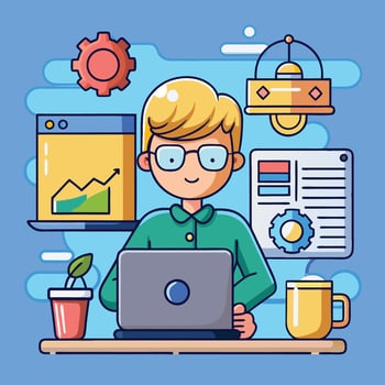 Determined Piggy Bank Working Diligently on Laptop with Coffee vector