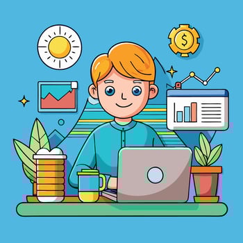 Adorable Cartoon Character Earning Money Remotely on Laptop with Coffee vector