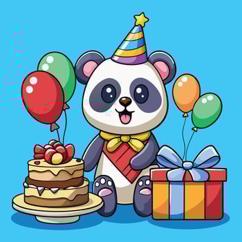 Adorable Panda Celebrating Its Birthday Party with Cartoon Festivities vector
