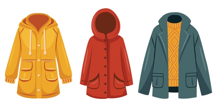 Set of outerwear. Jacket, raincoat and jacket with sweater. vector