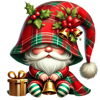 Adorable Christmas gnome in plaid hat with bell and gift, festive holiday decoration. png