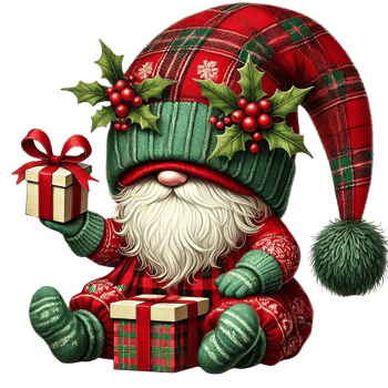 Cute Christmas gnome wearing plaid hat and holding gifts, decorated with holly, perfect for holiday celebrations. png