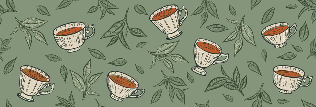 Cup of tea and Green leaves pattern on green, hand drawn illustrations vector