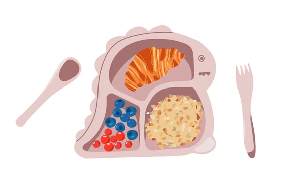 Set of cute food icons in cartoon style for sweet design. Breakfast time. Eggs, waffles with pancakes ,fruits and vegetables jam on cute plate for kids menu . vector