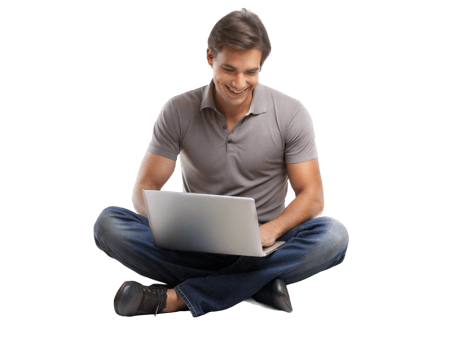 Young man on laptop, sitting cross legged transparent png