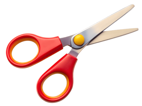Bright red scissors with yellow accents on display transparent png