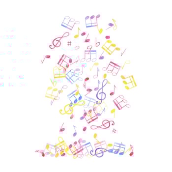 Music notes levitation. Falling multicolored note symbols. Cute atmosphere of music rain. Dense composition. Perfect for musical projects, advertising. Watercolor illustration for poster, stationery vector