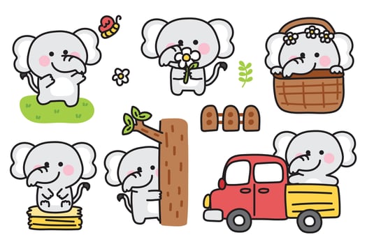 Set of cute various poses elephant with nature.Farm truck,butterfly,tree,flower hand drawn.Wild animal character cartoon design.Baby graphic.Kawaii.Illustration. vector