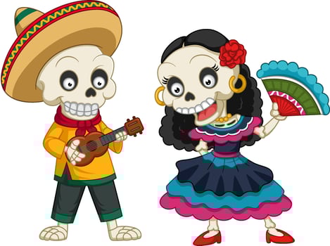 The day of the Dead. Mariachi skeleton dancing with musical instruments vector