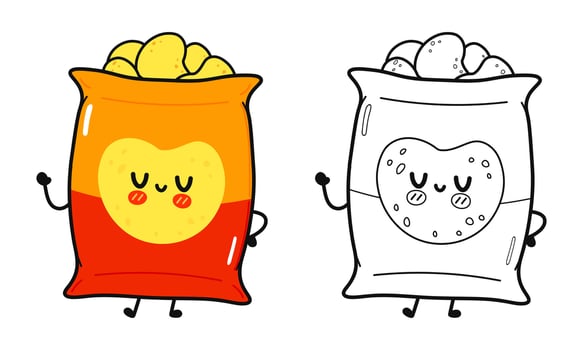 Funny cute happy Chips characters bundle set. hand drawn cartoon kawaii character illustration icon. Cute Chips. Outline cartoon illustration for coloring book vector