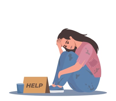 Homeless woman holding banner Help. Bum in ragged clothes sitting on ground begging money. Unemployed character asking support in trouble situation, begging. illustration. vector