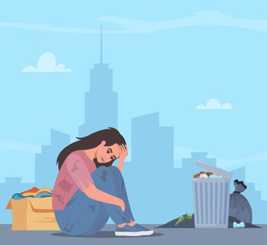 Homeless woman on street. Bum in ragged clothes sitting on ground begging money. Unemployed character asking support in trouble situation, begging. illustration. vector