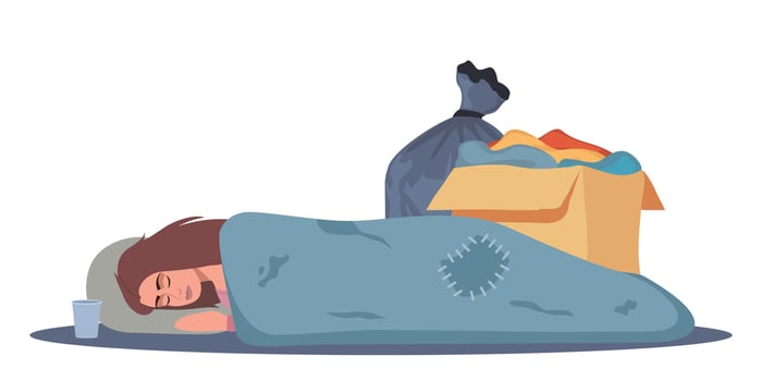 Homeless poor woman sleeping on street floor, needy girl lying under blanket. illustration. vector