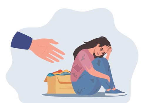 Hand reaching towards upset homeless woman in ragged clothes sitting on ground. Person helping sad poor character. Poverty, support concept. illustration. vector