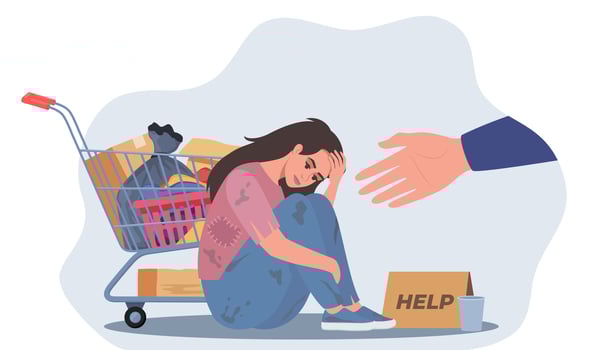 Hand reaching towards upset homeless woman in ragged clothes sitting on ground. Person helping sad poor character. Poverty, support concept. illustration. vector