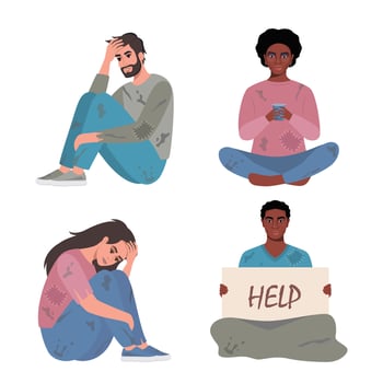Homeless men and women, set. Bums in ragged clothes sitting on ground begging money. Unemployed characters asking support in trouble situation, begging. illustration. vector