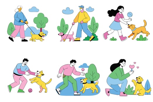 People walking with their dogs, people walking with their dogs, people walking with their dogs, people vector