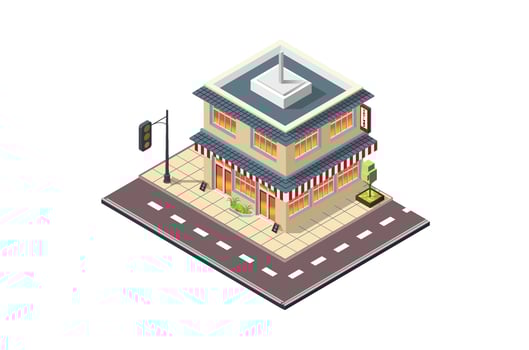 isometric illustration of a minimarket building with a car park near the main road. suitable for digital assets vector