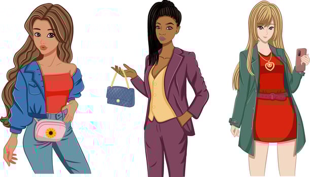 Set of Beautiful Young Women. Illustration of Stylish Girls Fashion Models. vector