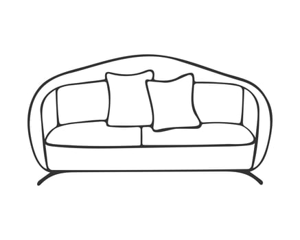 Modern sofa contour drawing with pillows, cozy place for rest and relaxation, element of home interior, isolated on white background.Hand drawn contour doodle drawing. vector