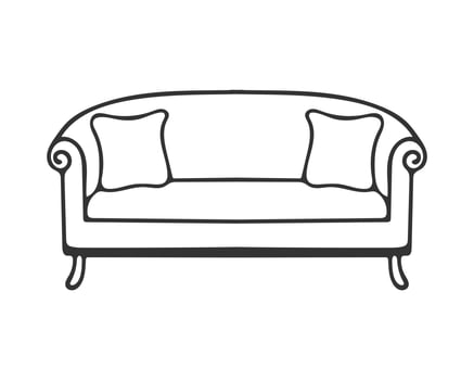 Venetian sofa contour drawing with pillows, cozy place for rest and relaxation, element of home interior, isolated on white background.Hand drawn contour doodle drawing. vector