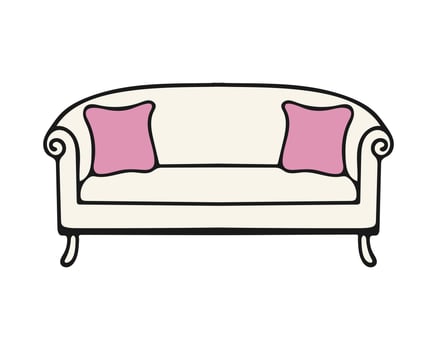 Modern sofa with pink pillows, cozy place for rest and relaxation, element of home interior, isolated on white background.Hand drawn contour doodle drawing. vector