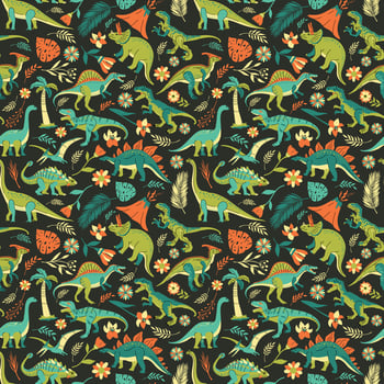 Seamless pattern with bright dinosaurs and green plants including T-rex, Brontosaurus, Triceratops, Velociraptor, Pteranodon, Allosaurus, etc. Isolated on dark background vector