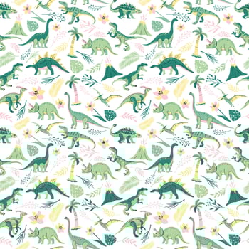 Seamless pattern with bright dinosaurs and green plants including T-rex, Brontosaurus, Triceratops, Velociraptor, Pteranodon, Allosaurus, etc. Isolated on white vector