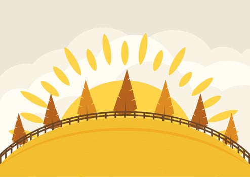 Autumn landscape in simple style background. Yellow and brown trees on hill flat illustration vector