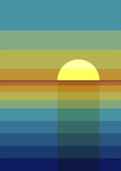 Ocean or sea sunset with colorful waves geometric poster. Summer blue seascape vector