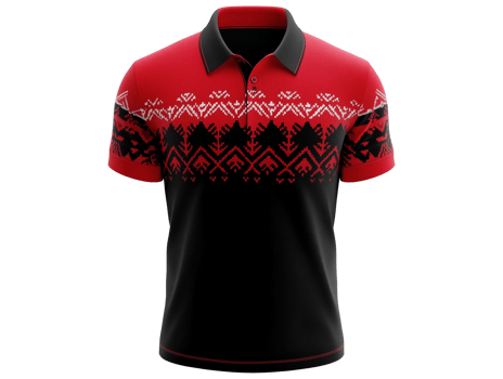 A red and black polo shirt with an abstract design png