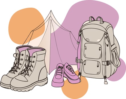 A backpack, shoes and tent are shown vector