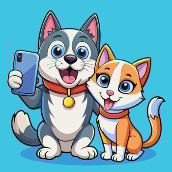 Adorable Husky Dog and Cat Taking a Cute Selfie with a Phone vector
