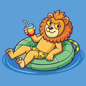 Cute Lion Enjoying the Summer on a Floating Tire with Juice vector
