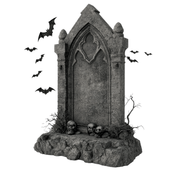 Spooky tombstone with bats and skulls at night isolated transparent png
