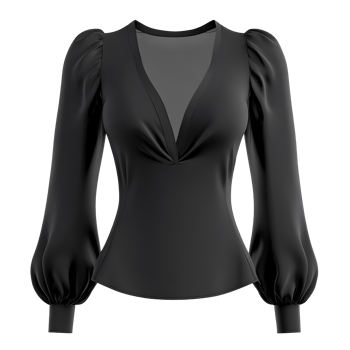Elegant black blouse with puffed sleeves displayed isolated transparent png