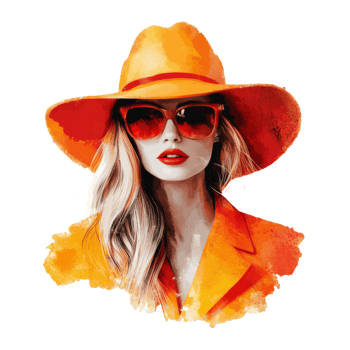 Stylish woman in bold orange attire and hat isolated transparent png