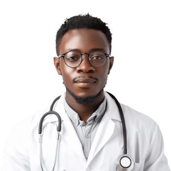 Male Doctor with Stethoscope and Glasses in White Lab Coat Isolated on Transparent Background png