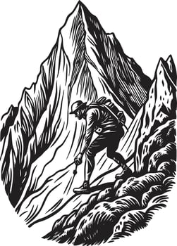 A man hiking up a mountain in a woodcut style vector