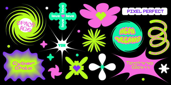 Set of trendy typographic stickers and elements. Neobrutalism graphic shapes for online promotion, social media posts, UI UX design. Modern Y2K elements vector