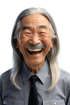 3d style illustration of asia old man in office worker uniform, long hair, he laughed a lot., isolated on transparent background png