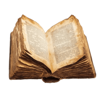 Old, worn book with yellowed pages on display isolated transparent png