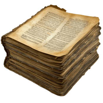 Old weathered manuscript stacked on a wooden table isolated transparent png
