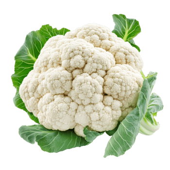 Cauliflower with green leaves on white isolated transparent png