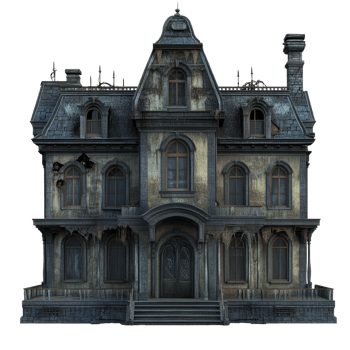 Eerie dusk at an abandoned Victorian mansion isolated transparent png